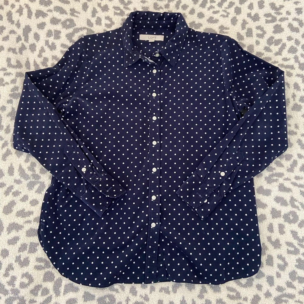LOFT BLUE POLKA DOT CORDUROY BUTTON UP SIZE SMALL
